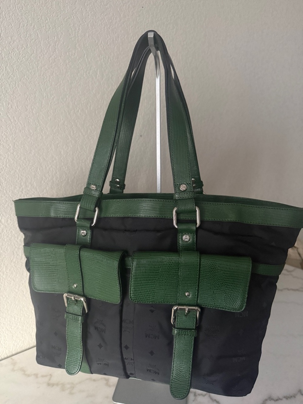 Authentic MCM Black Nylon Tote Green Lizard Embossed Leather Trim-Vintage w/COA - Picture 3 of 16